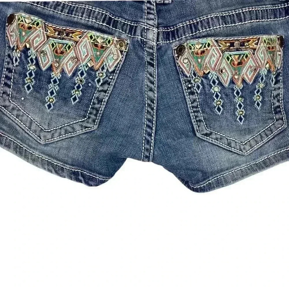 Grace in LA Jeans Womens 25 Blue Jean Short Shorts Embroidered Aztec Stretch - Picture 6 of 9